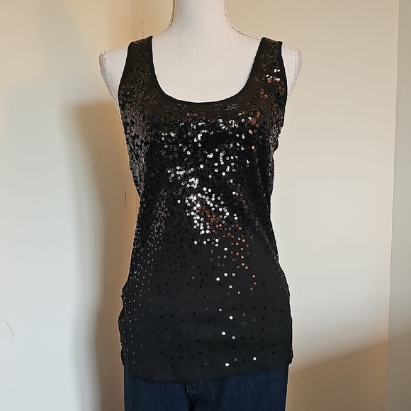 Express Black and Gold Sequin Fitted Tank Top - Picture 1 of 5